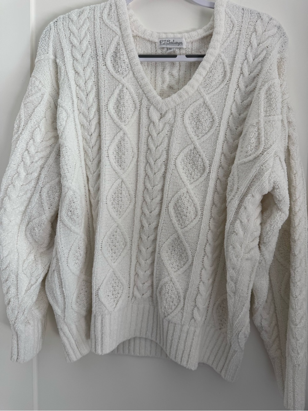 P.J. Salvage Ivory Cable Knit V-Neck Sweater